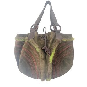 Vtg Maxx New York Suede Tote Bag Women Olive Boho Eclectic Rabbit FurEmbroidered